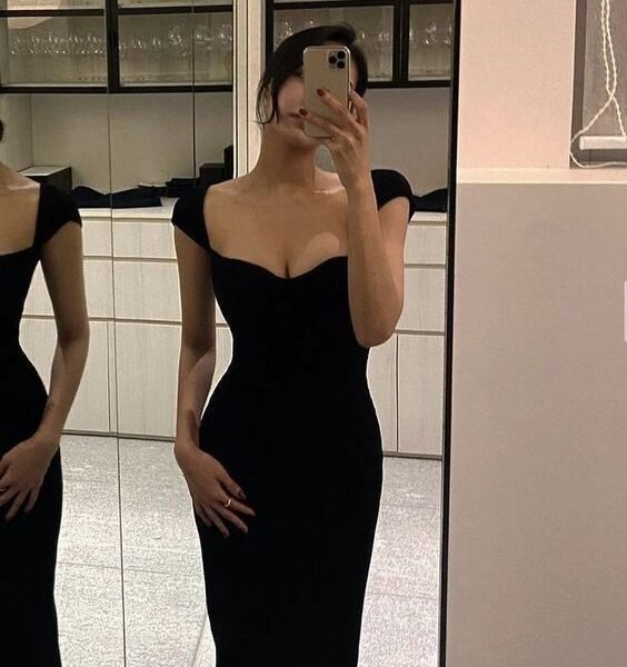 Simple Floor Length Black Prom Dresses Evening Dress With Cap Sleeves C3572